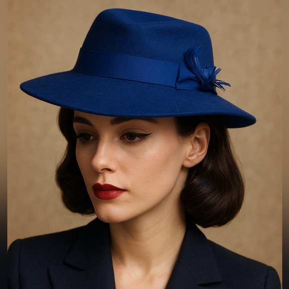 Vintage Lancaster Royal Blue Wool Fedora Hat Feather Accent Made USA Size M - Picture 2 of 12